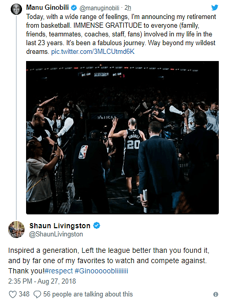 El veterano alero de los Golden State Warriors Shaun Livingston: "Inspiraste a una generación, dejas la liga mejor de lo que la hallaste, por mucho fuiste uno de mis favoritos para ver y competir".