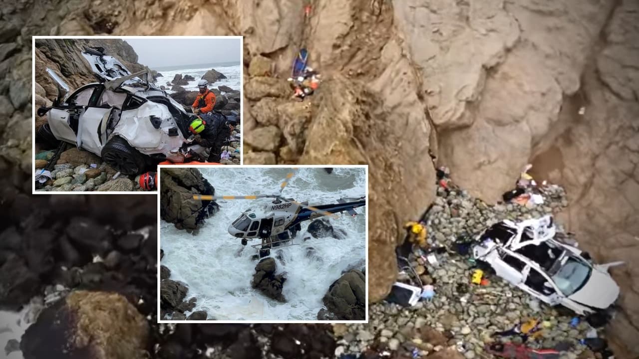 "Se salvan de milagro": Tesla con 4 personas a bordo cae en acantilado cerca de Devil's Slide