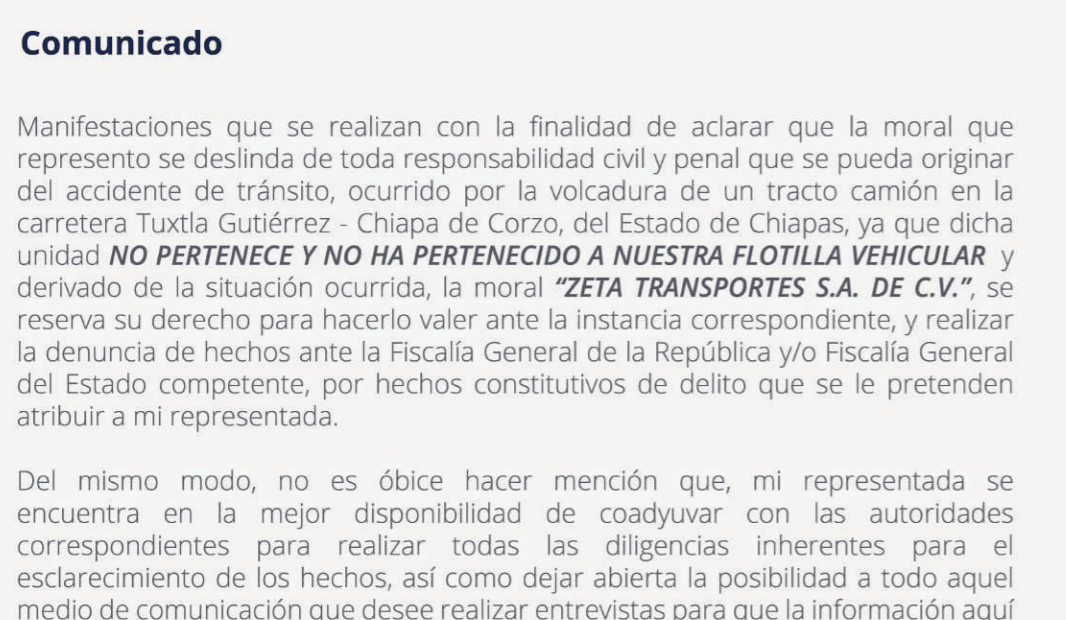 Comunicado de Zeta Transportes sobre tráiler volcado en Chiapas.