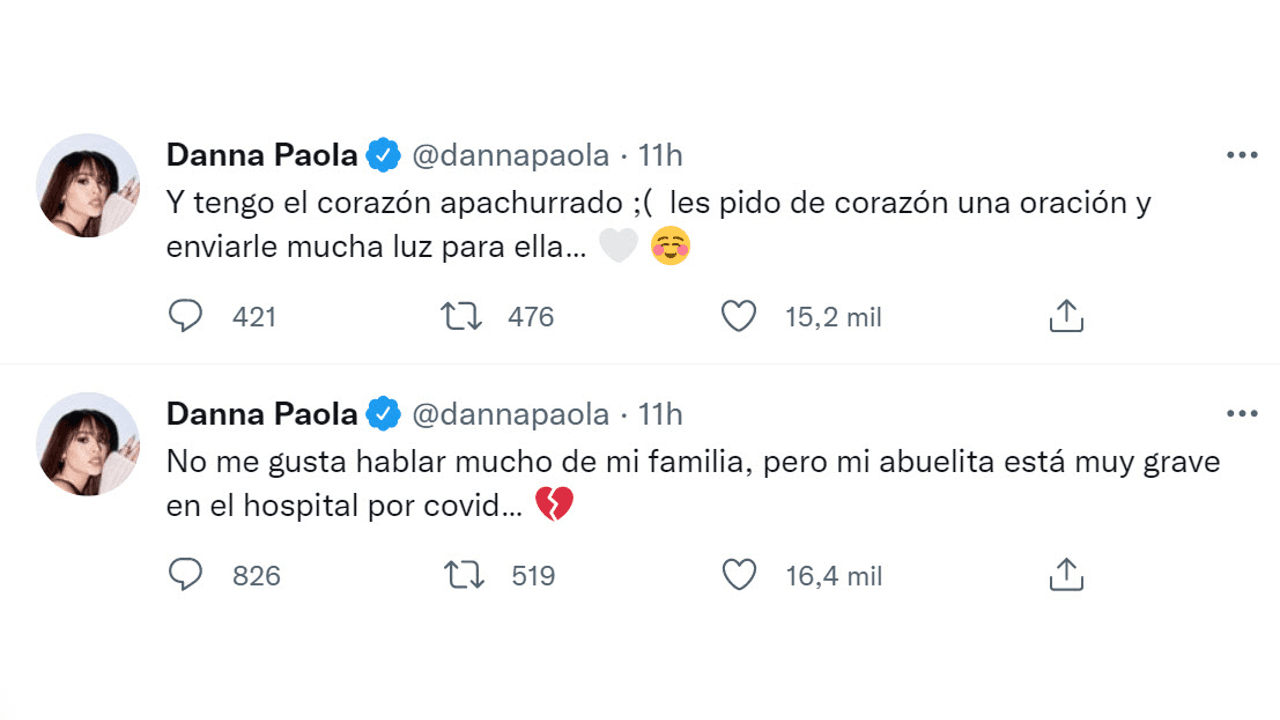 Danna Paola informa que su abuela está hospitalizada de gravedad por covid-19.