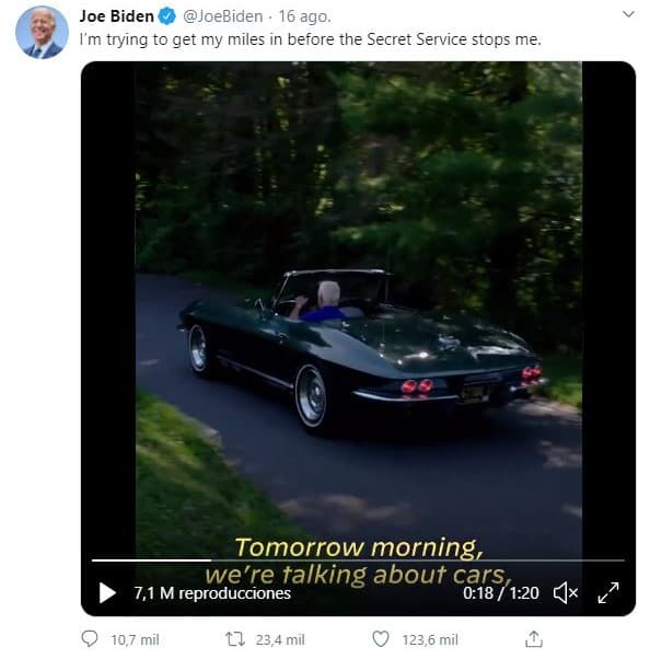 “Estoy tratando de meterle millas antes de que el Servicio Secreto no me lo permita”, dijo Biden a través de un tweet en el que también compartió el video.
