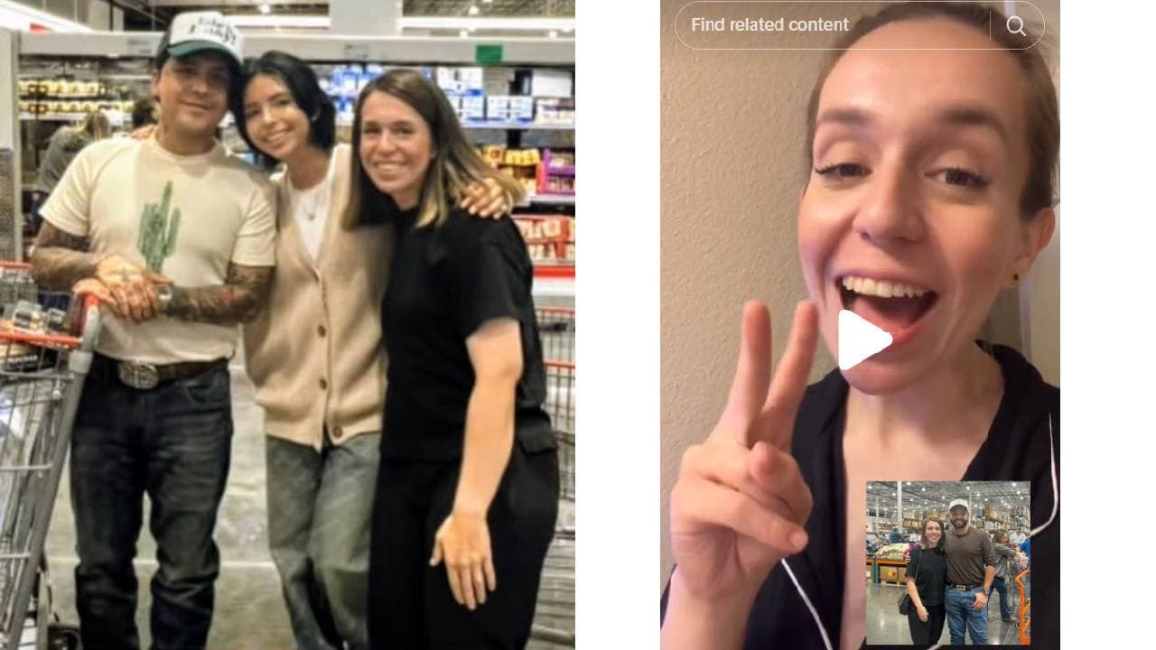 Nodal y Ángela Aguilar se tomaron una fotografía con una fan en un Costco de Houston. Leonardo Aguilar estaba con ellos.