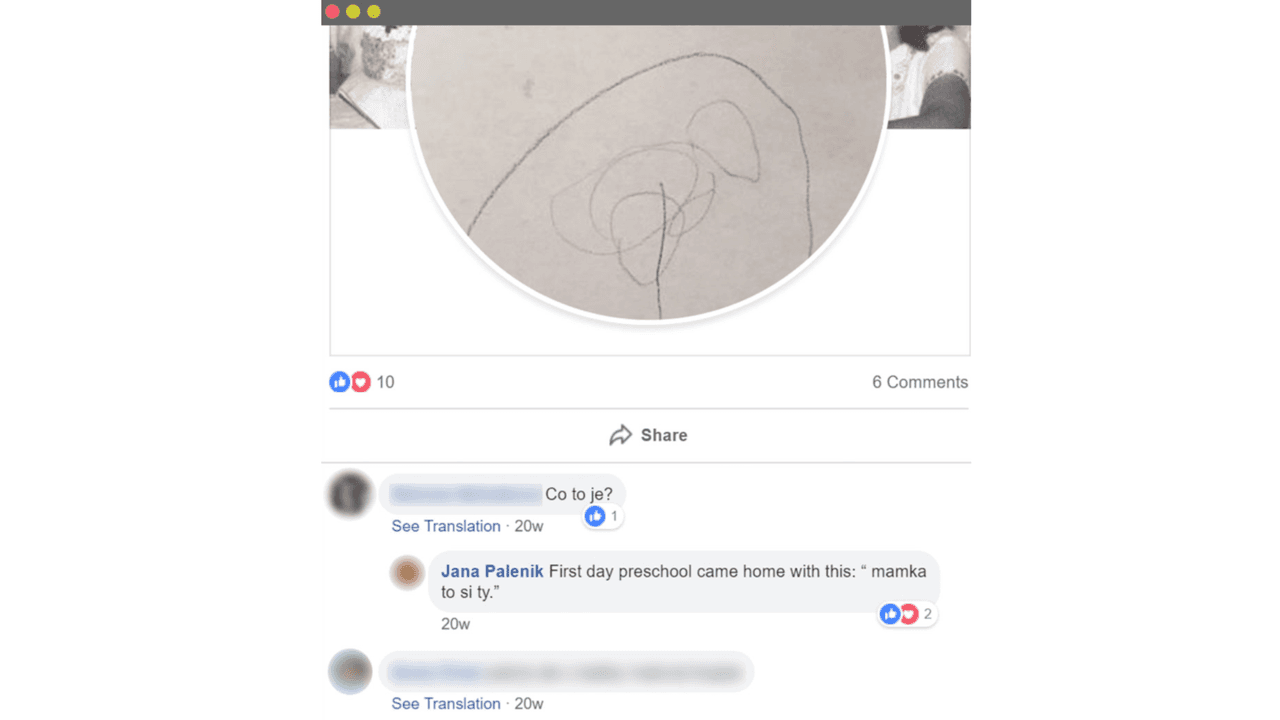 El pasado septiembre, Jana Palenik, madre de crianza temporal, puso en su página de Facebook un dibujo que parecer haber sido hecho por el hijo de Matías, añadiendo: “primer día de preescolar y llegó a la casa con esto: ‘mamka to si ty,’” o, “mami, eres tú”.