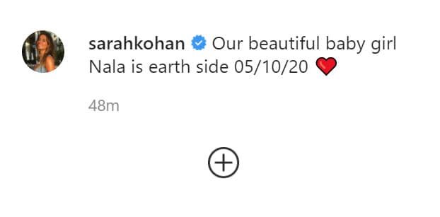 Además, en su mensaje reveló el nombre que llevará la niña: "
<b>Nuestra hermosa niña Nala</b> está en la Tierra 05/10/20". 
<br>