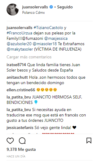 La publicación de esta imagen fue acompañada por la leyenda: "¡Tiziano Castolo y Franco Urzúa dejan sus peleas por la Family! Te extrañamos Makyta Soler (víctima de influenza)", escribió el actor de origen argentino.