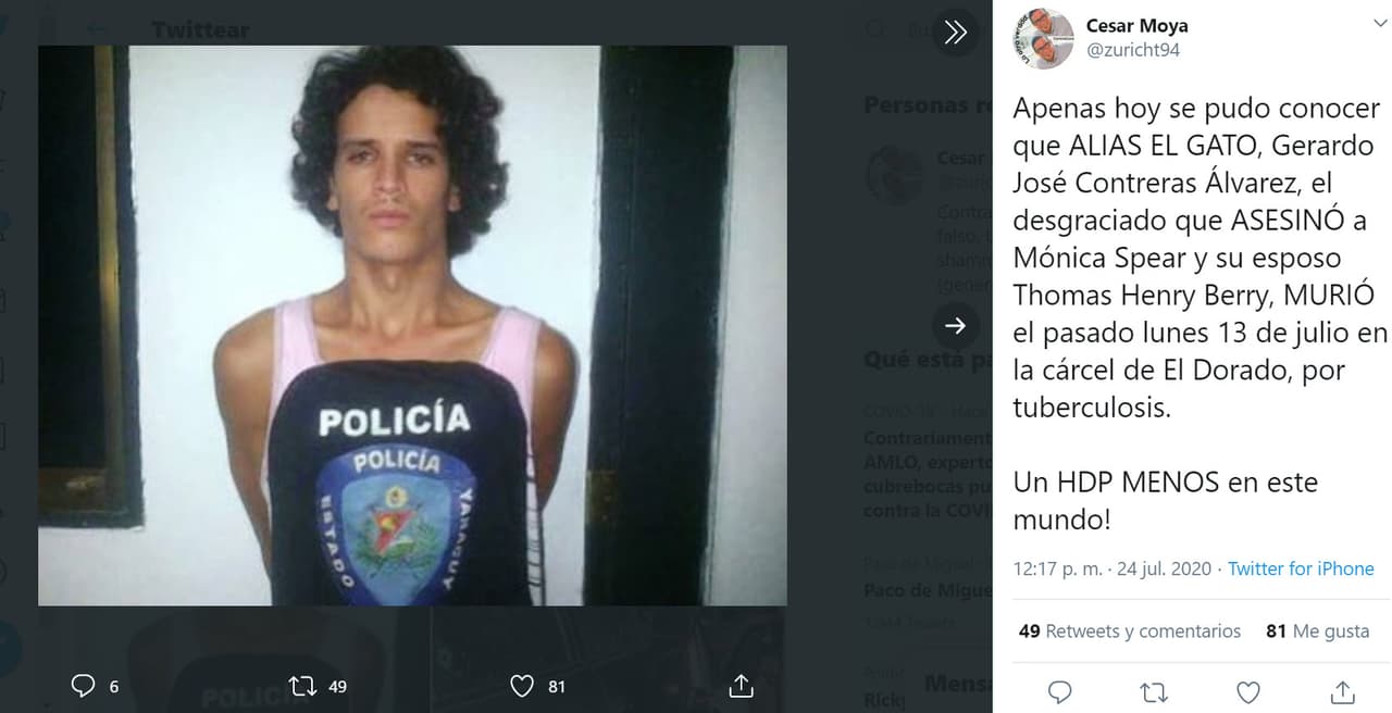 <a href="https://www.elnacional.com/venezuela/asesino-de-monica-spear-y-su-esposo-murio-por-tuberculosis-en-la-carcel-de-el-dorado/" target="_blank">El Nacional</a> informó que 'El Gato' había sido
<b>trasladado en dos ocasiones de penal debido a su mala conducta</b>. Primero fue encarcelado en El Rodeo II, luego lo llevaron al penal de Tocuyito en Carabobo y tiempo después a El Dorado, donde pasó sus últimos días.
<br>