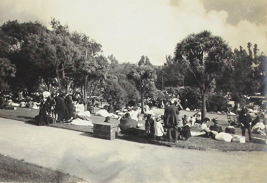 Debido a la destrucción que dejaron el terremoto y los incendios, algunos desamparados se refugiaron en los parques públicos.