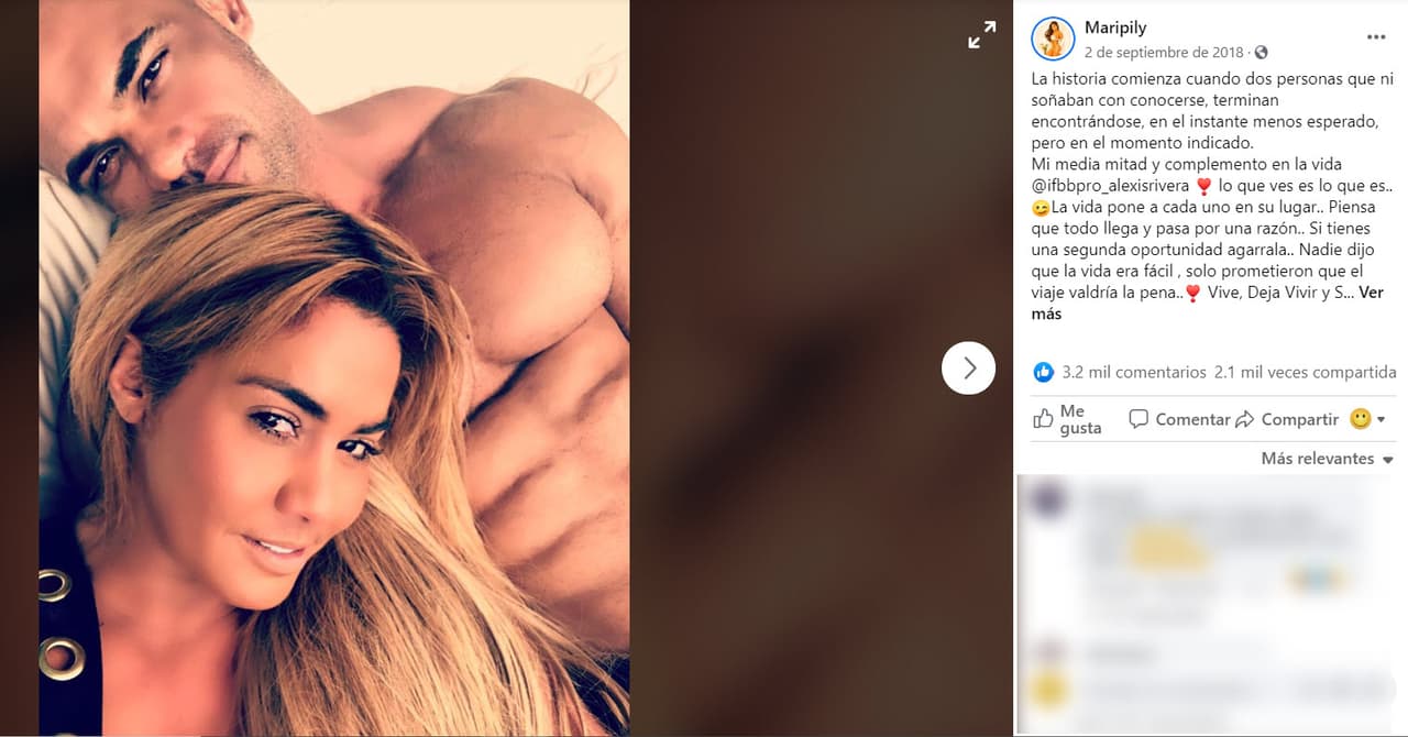 El 2 de septiembre de 2018 Maripily compartía en Instagram con esta fotografía que su corazón estaba nuevamente ocupado, ahora por el fisiculturista puertorriqueño 
<b>Alexis Rivera Rolón</b>.
<br>