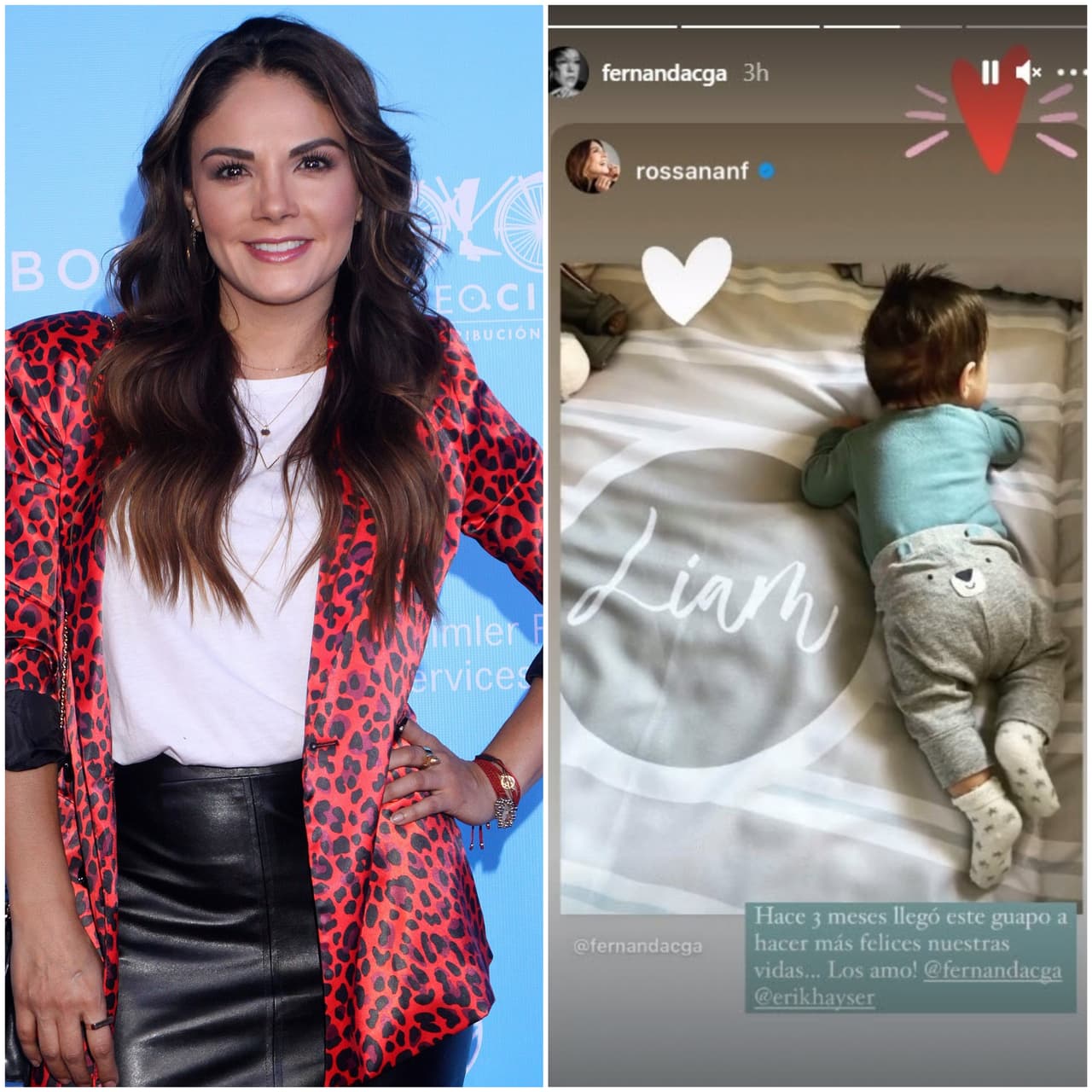 La actriz y conductora 
<b>Rossana Nájera</b>, quien fue pareja de Cuauhtémoc Blanco, le dedicó un emotivo mensaje a Liam: "Hace tres meses llegó este guapo a hacer más felices nuestras vidas… ¡Los amo! Fernanda Castillo y Erik Hayser".
<br>