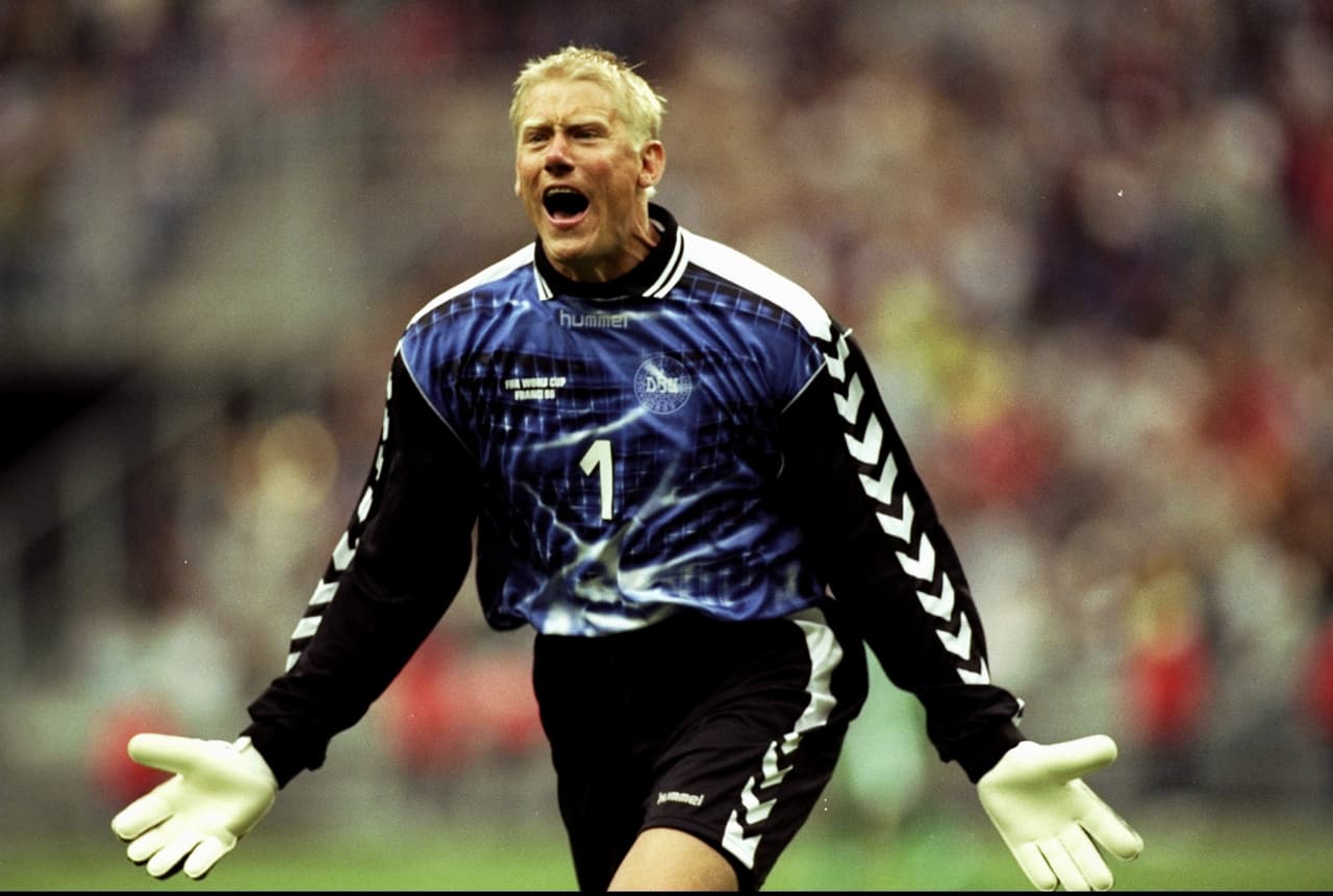 28 Jun 1998: Peter Schmeichel of Denmark celebrates during the World Cup second round match against Nigeria at the Stade de France in St Denis, France. Denmark won 4-1. \ Mandatory Credit: Clive Brunskill /Allsport