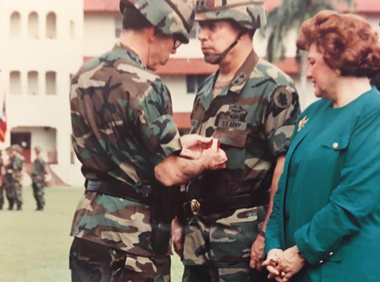 The Panama invasion force was put under the command of Gen Maxwell Thurman (left), stern, by-the-book officer with little or no combat experience, known universally as ‘Mad Max.’ Thurman (left) seen here pinning a decoration on Cisneros (right).