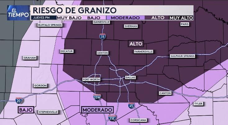 <b>El riesgo de granizo es alto en la mayor parte del Metroplex, incluyendo las ciudades de Dallas y Fort Worth</b>. Hacia el sur, como en Corsicana, es moderado, mientras que en el oeste, en lugares como Stephenville, es bajo.
