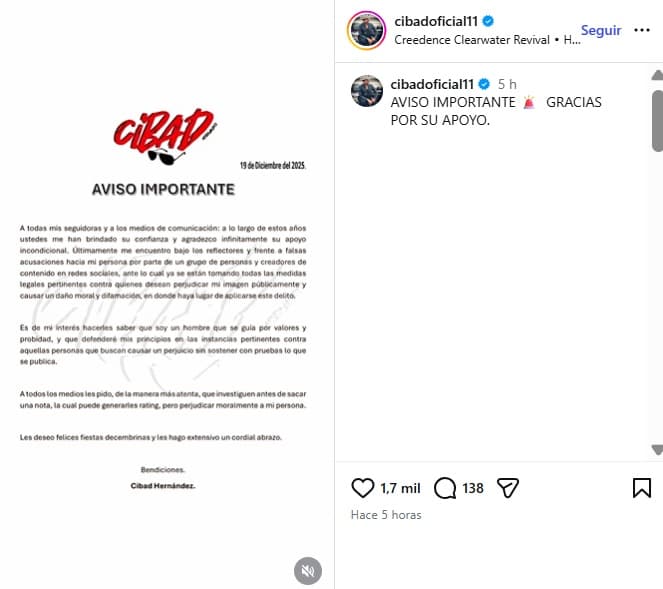 Cibad Hernández publica comunicado tras rumores.