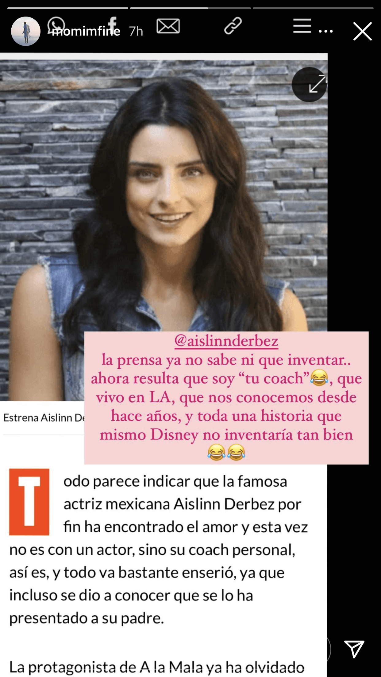 Por la tarde del miércoles 21, Kubben publicó este mensaje en sus historias de Instagram en el que se quejó de la prensa: "Ahora 
<b>resulta que soy 'tu coach'</b>, que vivo en Los Ángeles, que nos conocemos desde hace años", escribió etiquetando a Derbez, sin aclarar qué tipo de relación lo une a ella. 
<br>