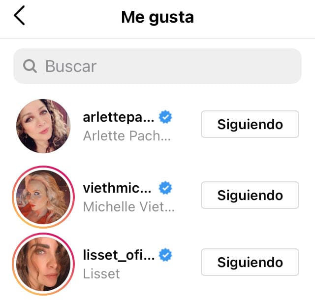 Algunos famosos que le mostraron apoyo al dar 'me gusta' a las fotos y videos de los sospechosos fueron Arlette Pacheco, Michelle Vieth y Lisset.
<br>