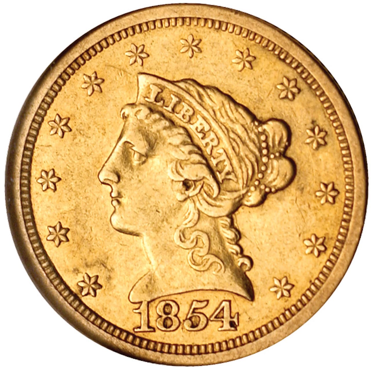 Esta imagen de archivo de American Nusismatic Rarities muestra en la parte delantera del "Quarter Eagle" una moneda de oro del tamaño de una moneda de diez centavos hecha en San Francisco en 1854. La moneda se vendió por $ 253,000 en una subasta de Beverly Hills, en septiembre de 2005.
<br>