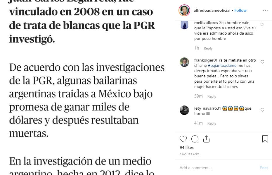Adame hace referencia a una investigación que se llevó a cabo en 2009, donde Juan Legarreta y Raúl Mauricio Legarreta, padre y hermano de la conductora, supuestamente estuvieron involucrados en un presunto fraude de bienes y raíces.
<br>
