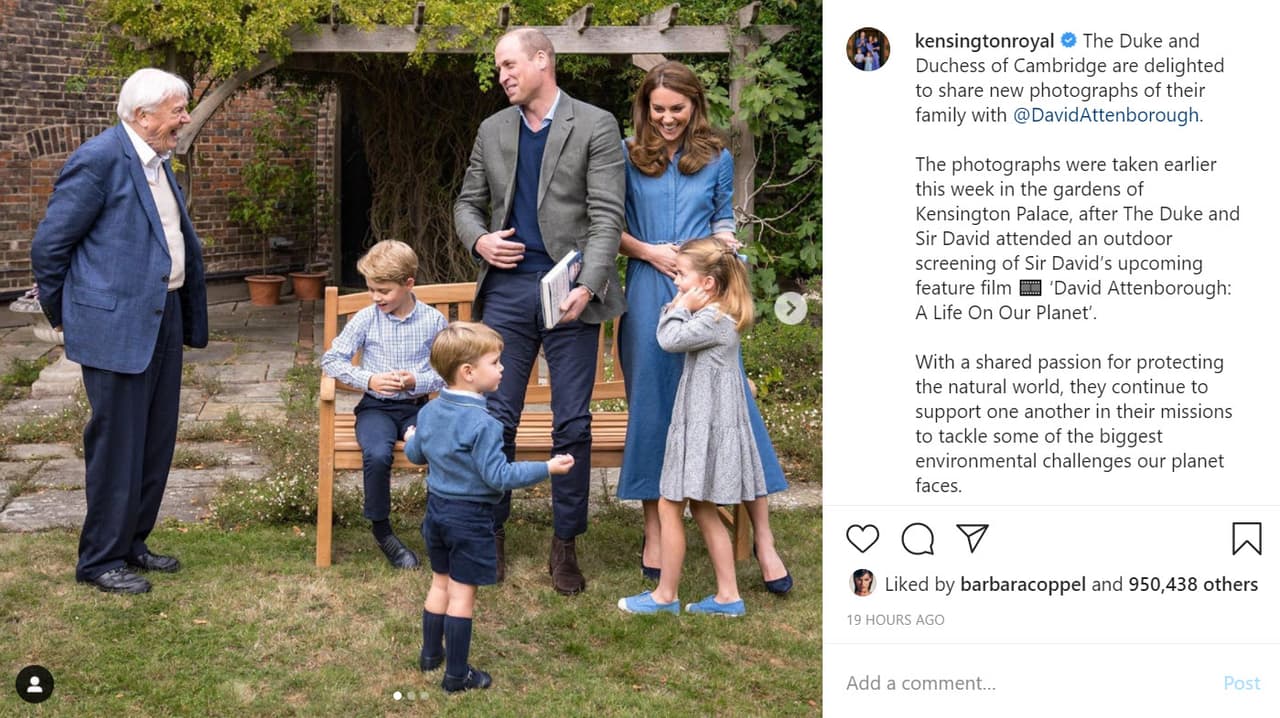 Lo hicieron con un par de fotos como esta en la que además aparecen con una visita muy especial: la de 
<b><a href="https://www.instagram.com/davidattenborough/" target="_blank">Sir David Attenborough. </a></b>
<br>