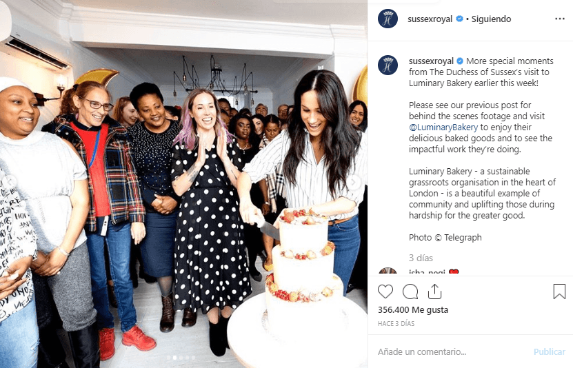 La esposa del príncipe Harry mostró lo que desea transmitir en su visita la semana pasada a la panadería Luminary Bakery, que capacita en repostería a mujeres que han sido víctimas de violencia y tráfico sexual.