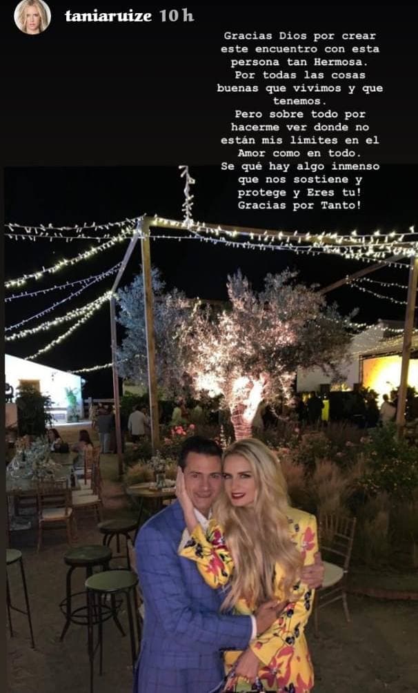 "Yo 
<b><a href="https://www.univision.com/famosos/sin-revelar-donde-tania-ruiz-confirma-que-recibira-ano-nuevo-con-enrique-pena-nieto-y-su-familia-fotos" target="_blank">jamás he terminado con Enrique</a></b>. ¡Ninguna sola vez!", aseguró. La potosina dijo que ella y el político se llevan "excelente" y describió a la relación que llevan como "muy bonita". "Siempre 
<b>agradezco a Dios </b>por tenerla", contó.
<br>