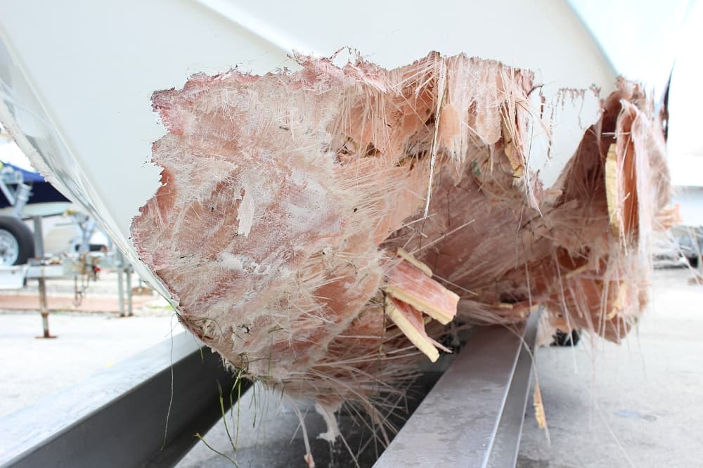 The hull of the boat where it impacted the rocky jetty at the entrance to the Port of Miami. The boat was traveling at "full throttle" when it crashed, an investigation found.