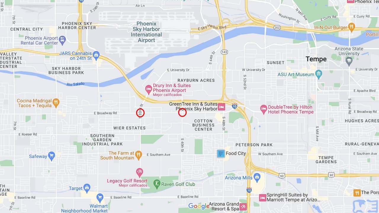 <b>32nd Street</b>
<br>La 32nd Street en dirección norte y 40th Street en dirección sur cerrarán entre la I-10 y Broadway Road desde las 10 p.m. del viernes y hasta las 4 a. m. del lunes.
<br>
<br>
<b>Rutas alternas</b>
<br>Habrá desvíos en Broadway Road hasta 40th Street en dirección norte. Nota: La rampa de entrada a la I-10 en dirección este en 32nd Street estará cerrada hasta septiembre por obras. Considere usar la rampa de entrada a la I-10 en dirección este en 40th Street.
<br>
<br>Para conocer las condiciones de las carreteras en tiempo real puede visitar la página del 
<a href="https://www.az511.gov/" target="_blank">Departamento de Transporte de Arizona</a>, o llamar al 511.