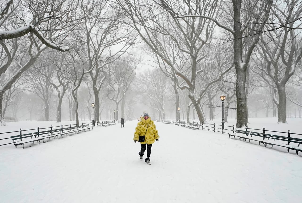 Una mujer camina por Central Park durante la tormenta.