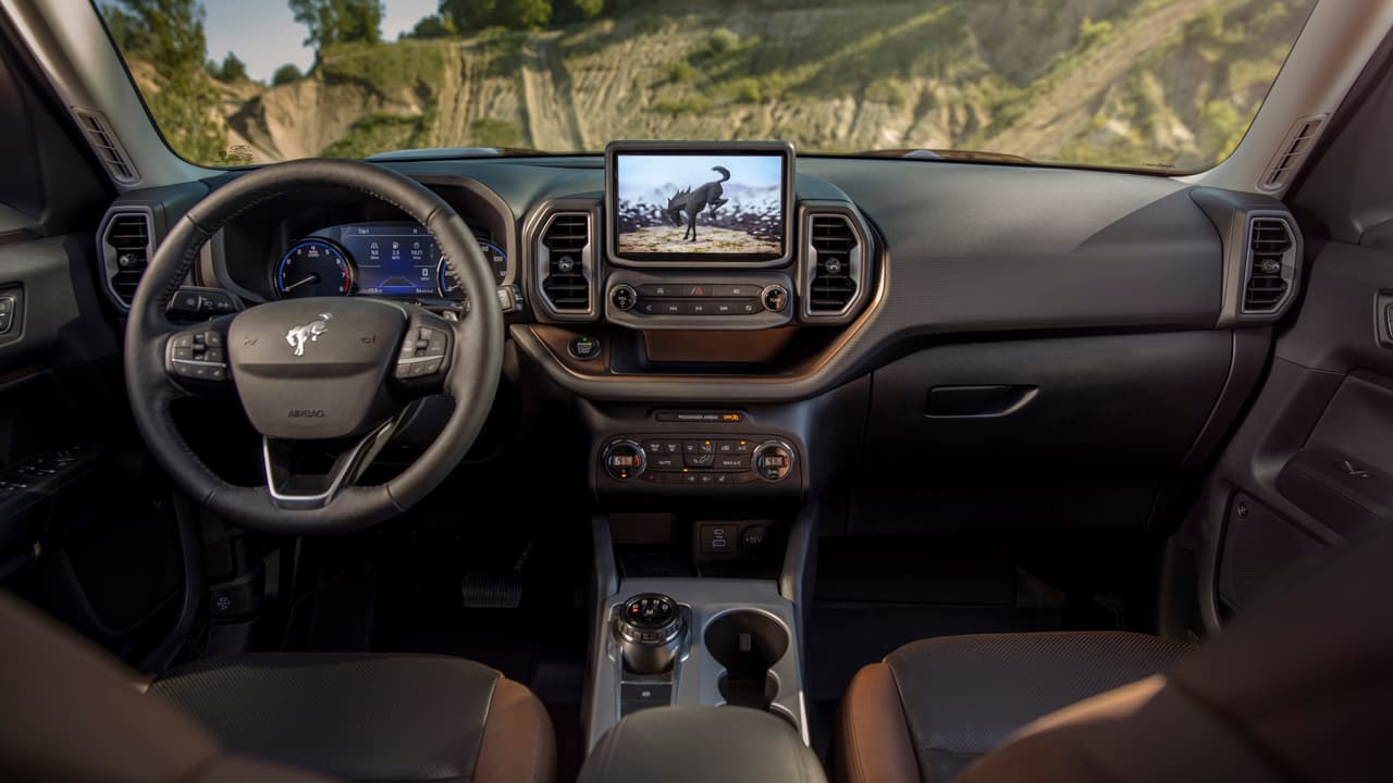 The all-new Bronco Sport small SUV comes standard with SYNC® 3 and an 8-inch touchscreen, which includes compatibility with Apple CarPlay™ and Android Auto™. (Pre-production model pictured.)