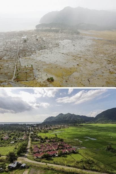 En esta imagen aérea, gran parte del territorio de la costa del Océano Índico quedó bajo el agua tras el tsunami. Actualmente el paisaje fue reconstruido por completo.