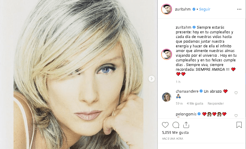 En su 
<b><a href="https://www.instagram.com/zuritahm/" target="_blank">cuenta de Instagram</a></b>, Zurita publicó este jueves 10 fotos de la fallecida actriz, con una dedicatoria directa del corazón.