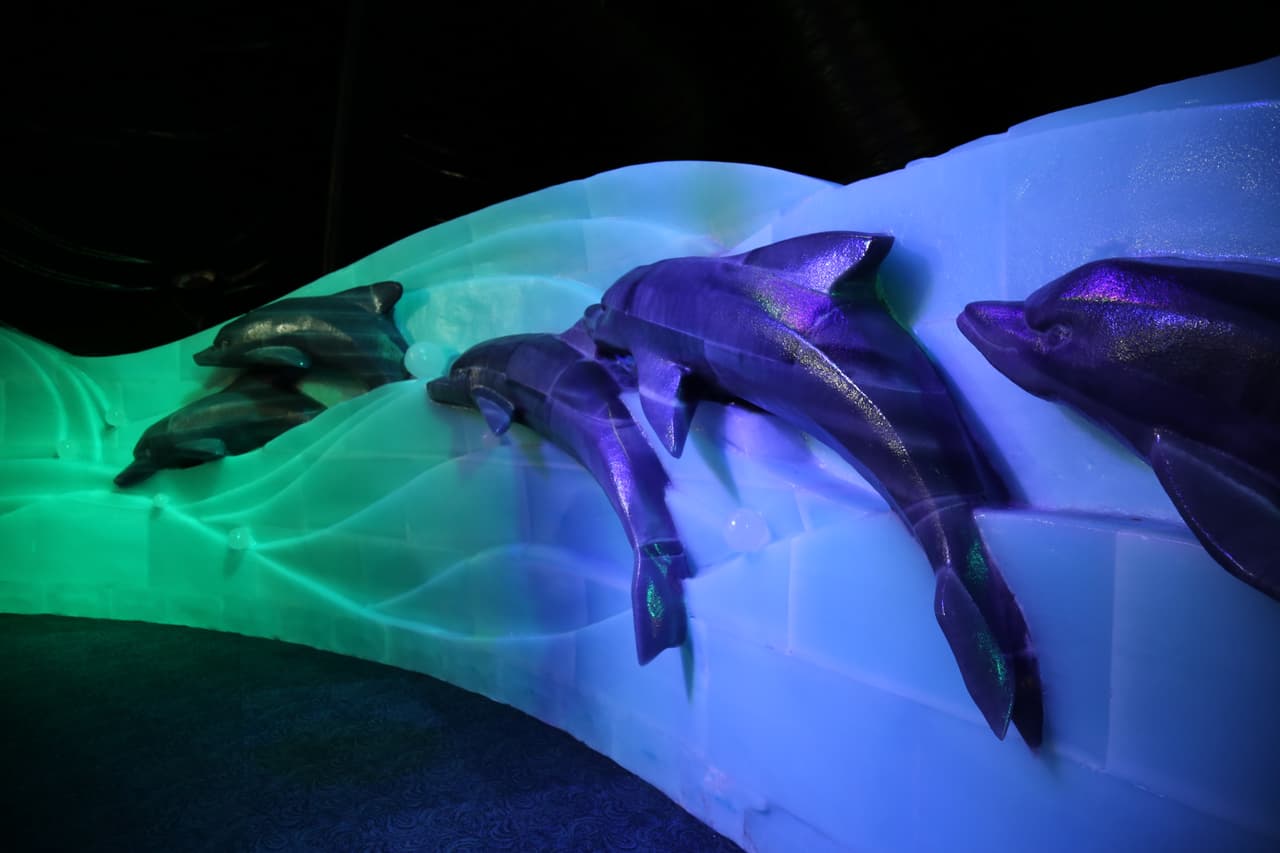 El recorrido también destaca delfines de tamaño real que parecen emerger del oceano.