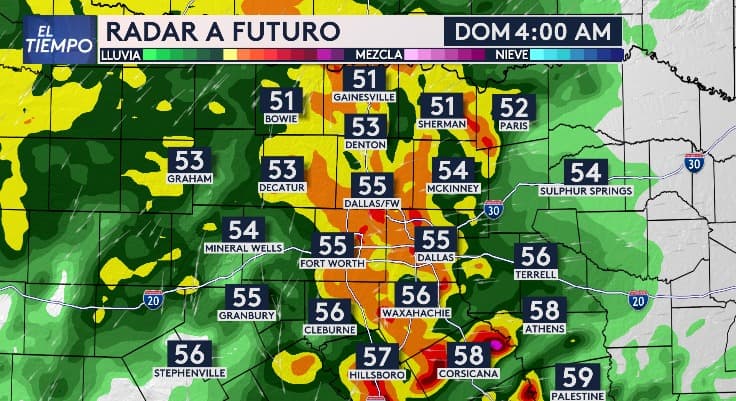 El sistema de tormentas afectará principalmente la madrugada del domingo, con lluvias fuertes en Dallas - Fort Worth, incluso el sur de la ciudad.