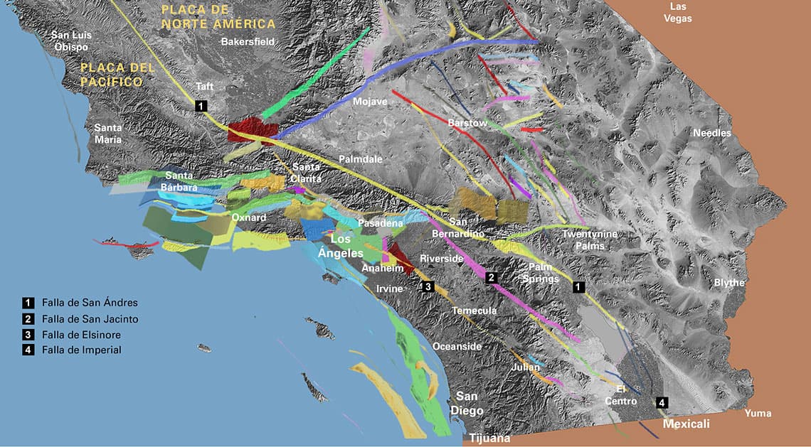 El "gran recodo" es la zona donde la falla de San Andrés hace curva hacia el oeste, en las montañas de San Bernardino, y donde las cuatro fallas se conectan.