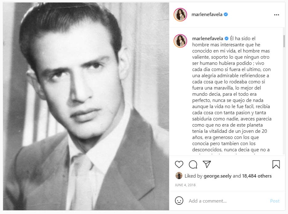 "Papito que enseñanza de vida nos dejas, que paquete tan grande imposible de superar, ojalá cada uno de nosotros tuviera aunque sea un poquito de tu sabiduría, de tu forma de ver la vida, 
<b><a href="https://www.univision.com/entretenimiento/muere-papa-de-marlene-favela-y-ella-le-escribe-emotiva-carta-eres-el-mejor-papa-del-mundo">te prometo hoy que honraré tu vida cada día de la mía</a></b>", escribió en Instagram.
<br>