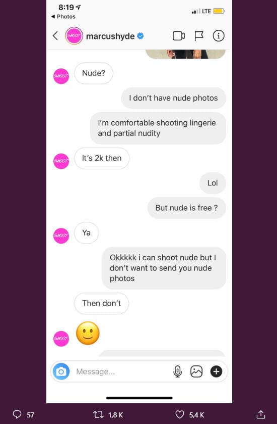 Fue la modelo Sunnaya quien hizo pública la mala experiencia que asegura haber tenido con Hyde. En su cuenta de Twitter publicó parte de la conversación donde argumenta ocurrió el episodio de acoso sexual.