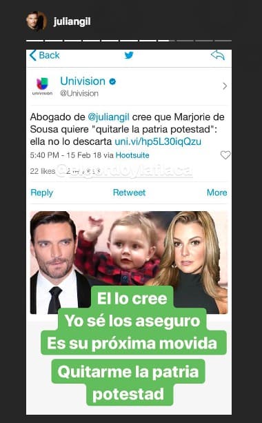 Julián Gil no tiene la menor duda de que Marjorie de Sousa buscará quitarle la patria potestad de Matías Gregorio.