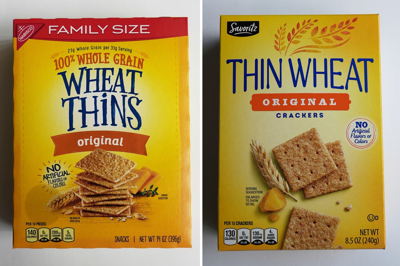 Esta combinación de imágenes muestra los Wheat Thins de Mondelez, a la izquierda, y los Thin Wheat de Aldi, el jueves 29 de mayo de 2025, en Glenview, Illinois.
<br>