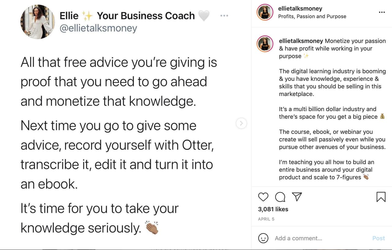 “Todos esos consejos gratis que das, es una prueba de que puedes monetizar tu conocimiento. La próxima vez que des un consejo, grabate, transcribe lo que dijiste y conviértelo en una pieza digital”, según Ellie es una de las estrategias más importantes y que está al alcance de todos.
