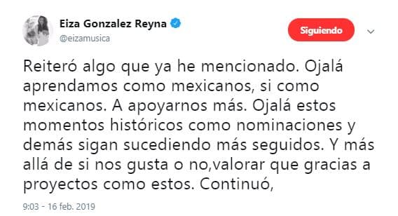 Además de reconocer el trabajo de un proyecto como 'Roma', Eiza también pidió a la comunidad mexicana apoyarse más entre sí.