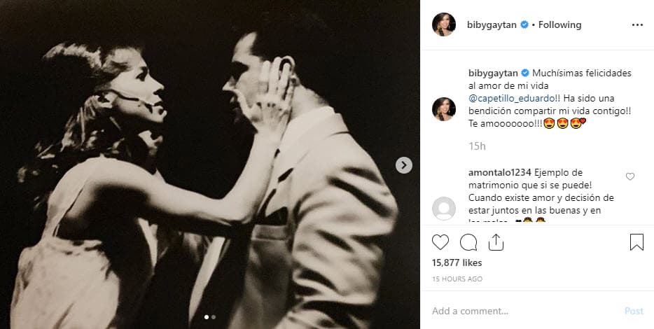 Biby escribió un mensaje de amor acompañado de un par de imágenes de su vida como actores: "¡Muchísimas felicidades al amor de mi vida @capetillo_eduardo! Ha sido una bendición compartir mi vida contigo. ¡Te amo!".
<br>