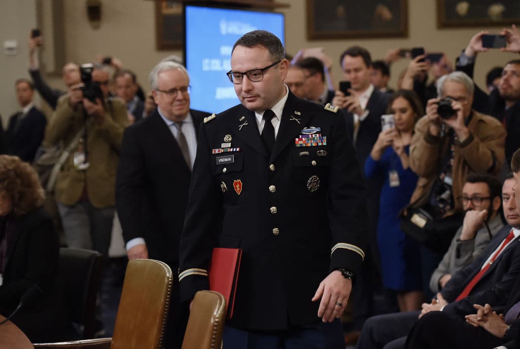 National Security Council Ukraine expert Lieutenant Colonel Alexander Vindman arrives to testify during the House Intelligence Committee hearing, into President Donald Trump's alleged efforts to tie US aid for Ukraine to investigations of his political opponents, on Capitol Hill in Washington, DC on November 19, 2019.