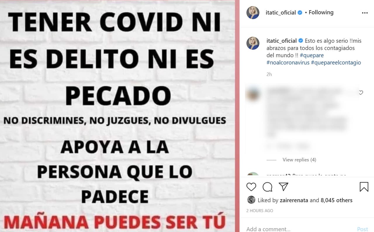 La actriz publicó este mensaje en su cuenta de Instagram en el que se lee: "Tener covid 
<b><a href="https://www.instagram.com/p/CGfqAA2BBIr/" target="_blank">no es delito ni es pecado</a></b>. No discrimines, no juzgues, no divulgues. Apoya a la persona que lo padece. Mañana puedes ser tú". 
<br>