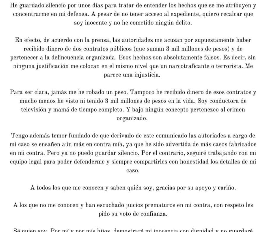Se desconoce el paradero de la conductora mexicana, pero la noche del martes 28 de septiembre publicó un comunicado en Instagram en el que 
<b><a href="https://www.univision.com/famosos/ines-gomez-mont-denuncia-reaparece-rechaza-terrorista" target="_blank">dijo ser "inocente"</a></b> y aseguró que nunca ha tenido 147 millones de dólares. 
<br>