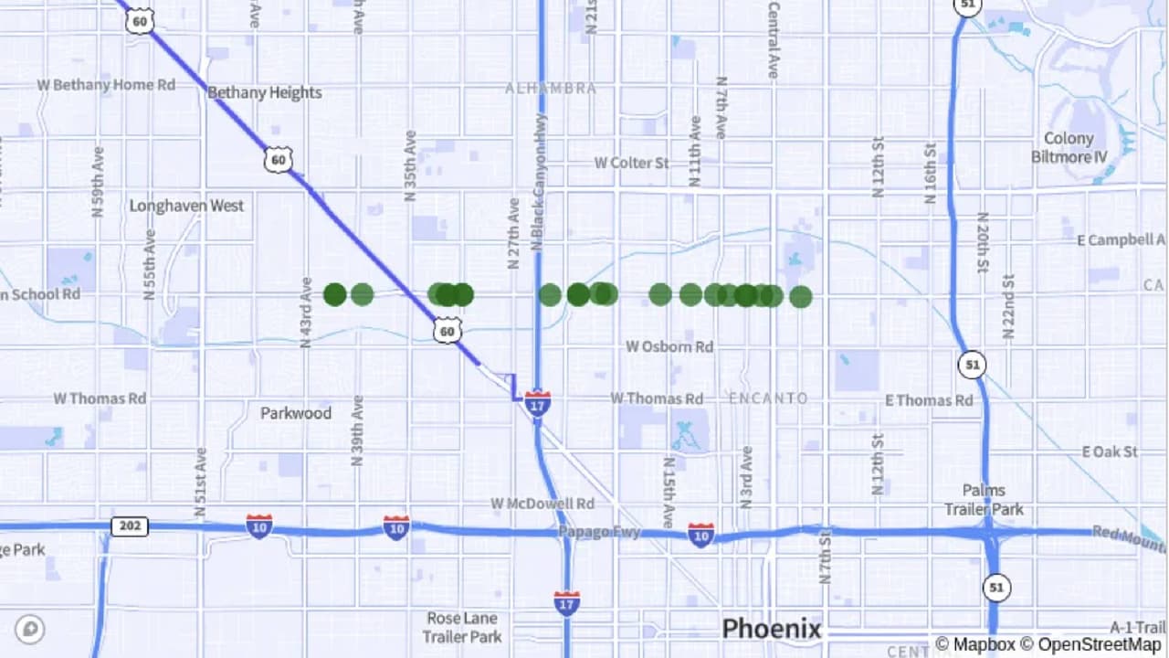 <b>Indian School Road</b> desde N 3rd Street hasta N 43rd Avenue, en Phoenix. 
<br>Accidentes fatales: 22
<br>Accidentes por milla: 4.9.
