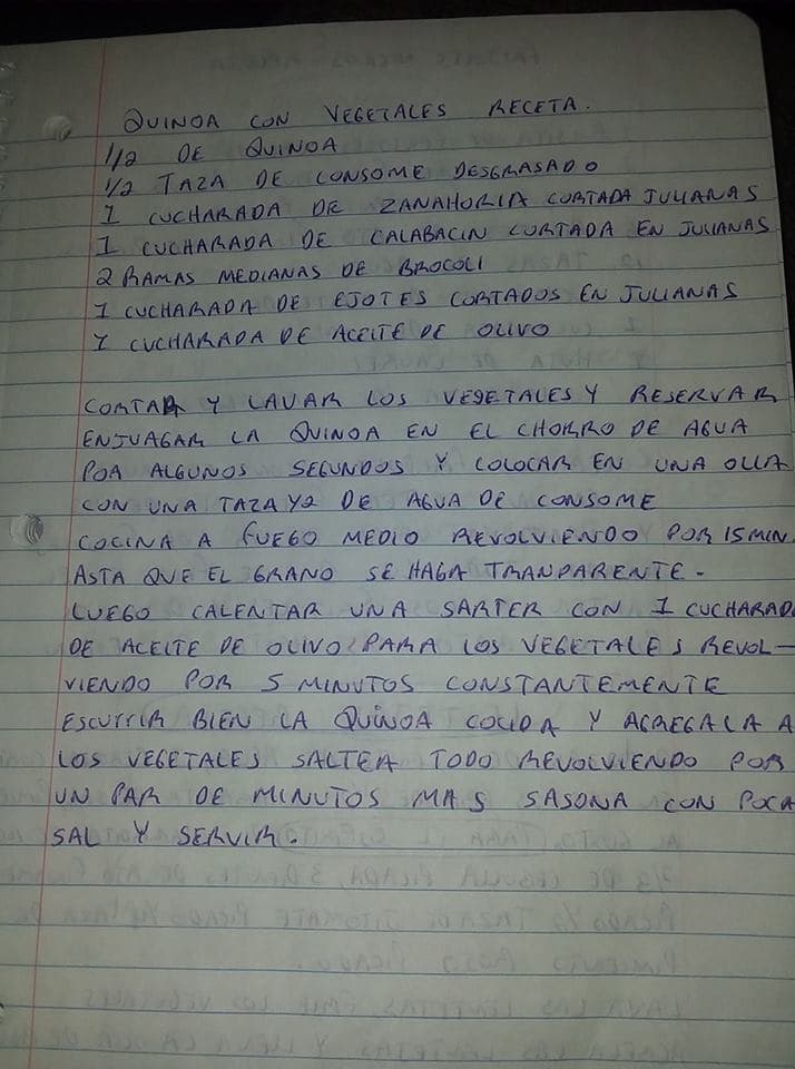 La dedicación y empeño que los participantes ponen en el reto es evidente. Cecilia Villalobos copió a mano las recetas para compartirla con sus compañeras (aunque todas están disponibles en 
<a href="https://www.univision.com/noticias/reto-28/recetas-reto-28">este link</a> y en el 
<a href="https://www.univision.com/noticias/reto-28/calendario-reto-28">calendario</a>).