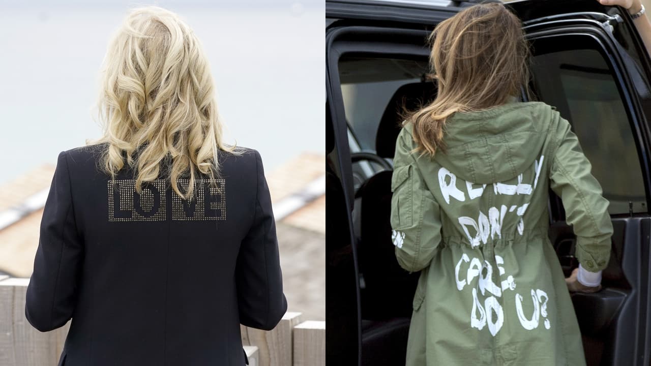 El mensaje viral de la chaqueta de Jill Biden y que comparan con el de Melania Trump