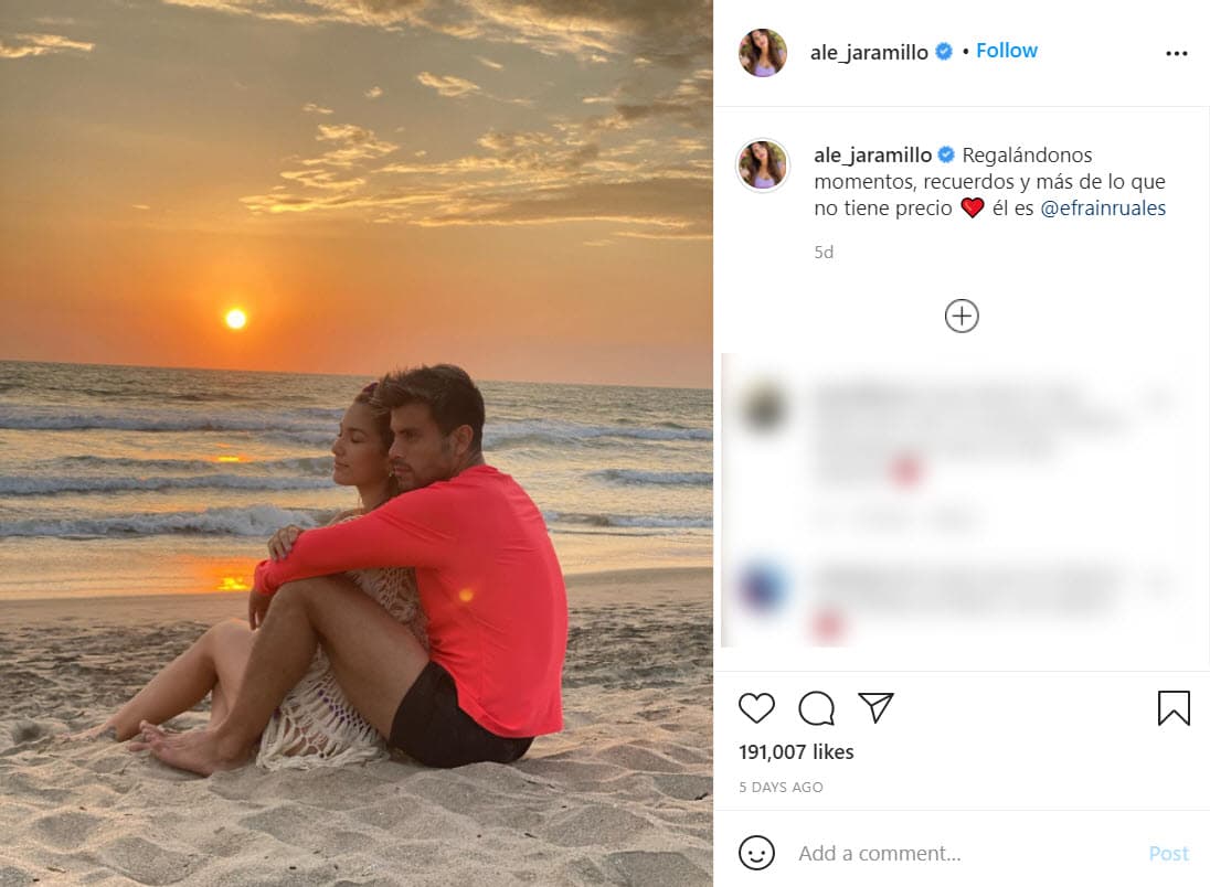 La última publicación en donde aparecen juntos data del 21 de enero y fue ella quien compartió la fotografía: "Regalándonos momentos, recuerdos y más de lo que no tiene precio. Él es Efrain Ruales", se lee en Instagram.
<br>