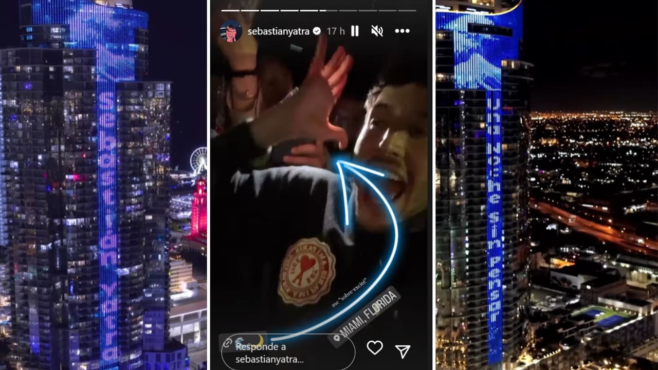 Sebastián Yatra presume cómo su nombre ilumina Miami antes de Premio Lo Nuestro 2023
<br>
