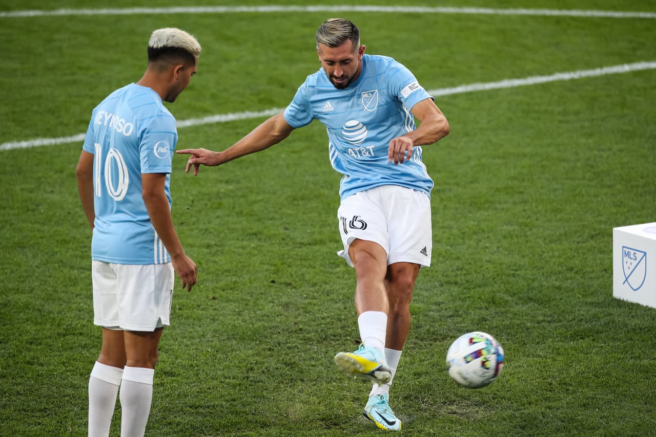 ST PAUL, MN - AUGUST 09: Hector Hererra #16 (R) competes as Emanuel Reynoso #10 of the MLS All-Stars looks on during the Shooting Challenge event against the Liga MX All-Stars during the MLS All-Star Skills Challenge at Allianz Field on August 9, 2022 in St Paul, Minnesota. (Photo by David Berding/Getty Images)