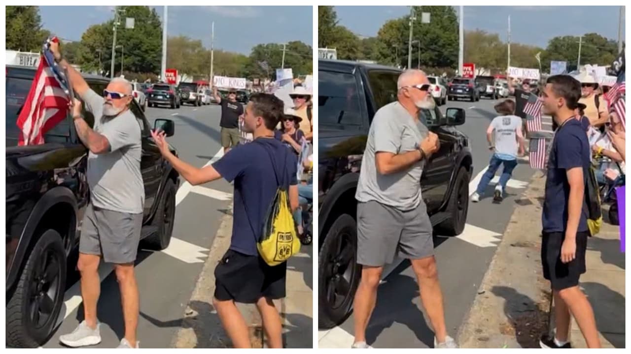Conductor roba bandera y patea a manifestante durante marcha “No Kings” en Georgia